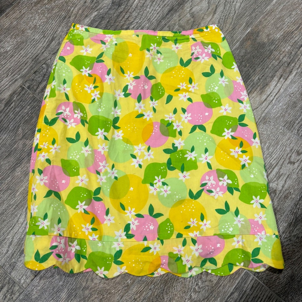 Lilly Pulitzer Citrus Print Scalloped Hem Cotton Skirt Yellow Pink Green Sz 4